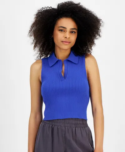 Calvin Klein Jeans Est.1978 Petite Ribbed Sleeveless Polo Top In Dazzling Blue