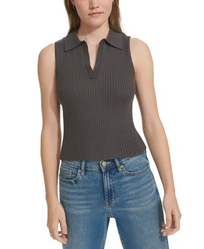 Calvin Klein Jeans Est.1978 Petite Ribbed Sleeveless Polo Top In Forged Iron