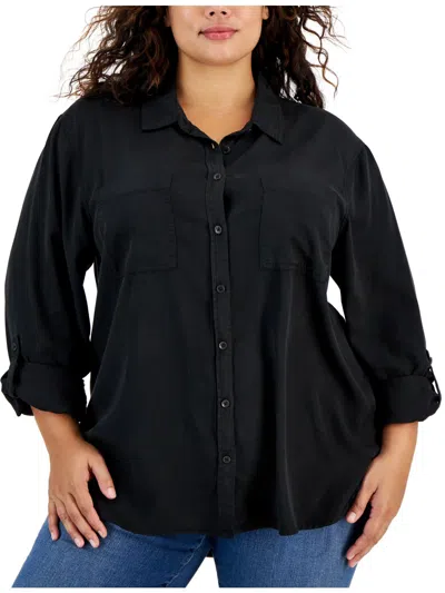Calvin Klein Jeans Est.1978 Plus Womens Collar Trendy Button-down Top In Black