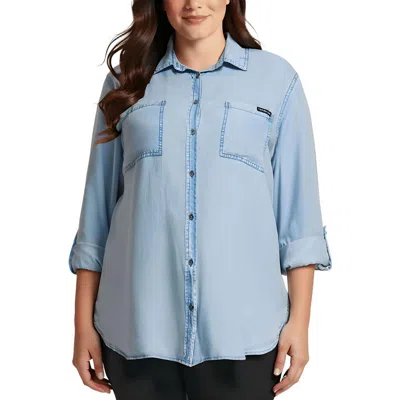 Calvin Klein Jeans Est.1978 Plus Womens Utility Collared Button-down Top In Blue