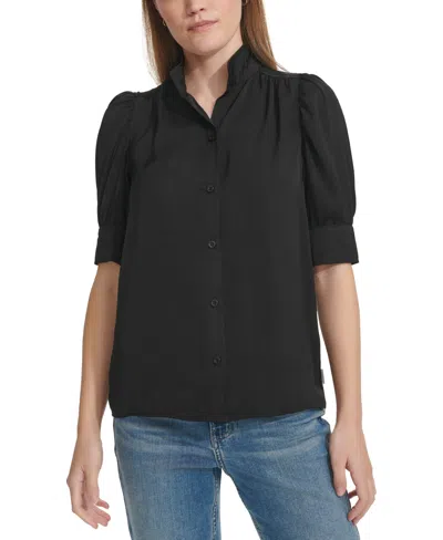 Calvin Klein Jeans Est.1978 Women's Charmeuse Puff-sleeve Stand-collar Top In Black