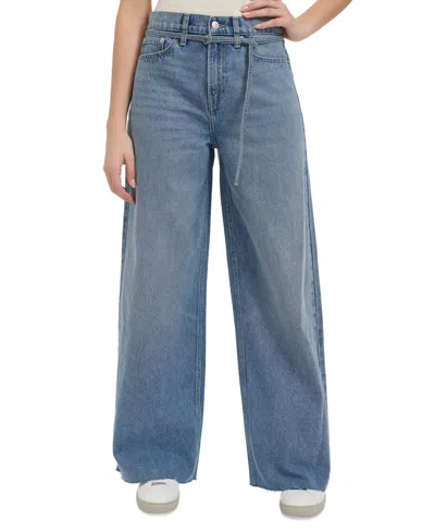 Calvin Klein Jeans Est.1978 Women's Cut-hem High-rise Wide-leg Belted Cotton Denim Jeans In Navigate