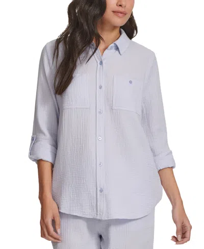 Calvin Klein Jeans Est.1978 Petite Cotton Button-front Roll-sleeve Shirt In Waterfall