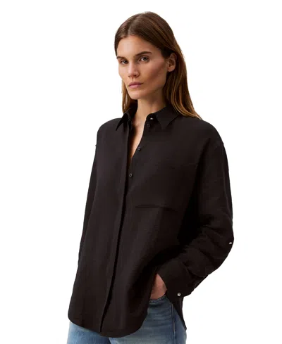 Calvin Klein Jeans Est.1978 Women's Double Gauze Roll-tab-sleeve Button-down Shirt In Black