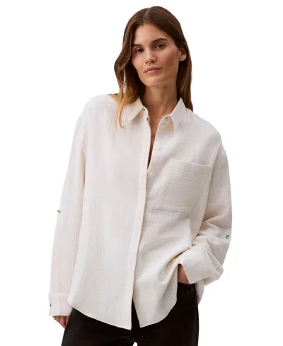 Calvin Klein Jeans Est.1978 Women's Double Gauze Roll-tab-sleeve Button-down Shirt In Chalk