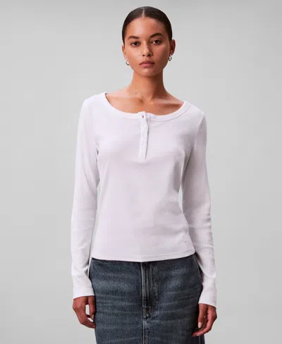 Calvin Klein Jeans Est.1978 Women's Long Sleeve Ribbed Knit T-shirt In White