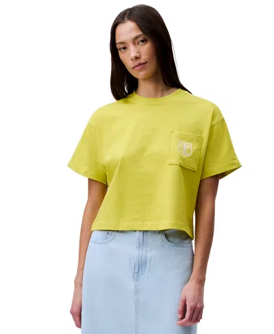 Calvin Klein Jeans Est.1978 Women's Monogrammed Logo Crest Boxy Cropped T-shirt In Warm Olive