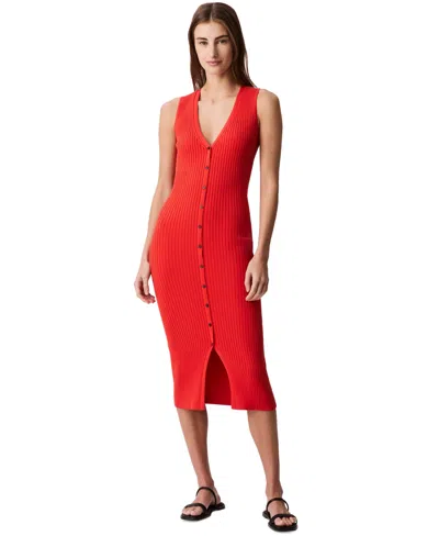Calvin Klein Jeans Est.1978 Women's Rib-knit Sleeveless Midi Dress In Red