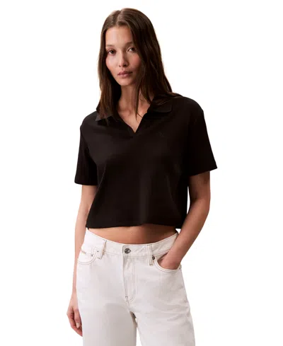 Calvin Klein Jeans Est.1978 Women's Ribbed Monogram-logo Polo Top In Brown