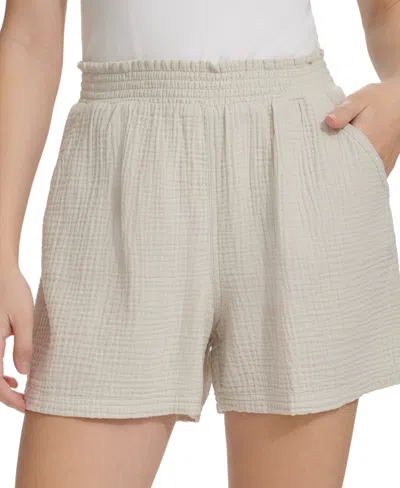 Calvin Klein Jeans Est.1978 Women's Smocked-waist Double-crepe Pull-on Cotton Shorts In Birch