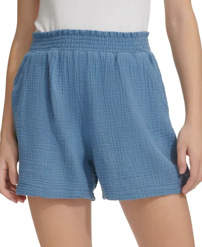 Calvin Klein Jeans Est.1978 Women's Smocked-waist Double-crepe Pull-on Cotton Shorts In Stormy Blue