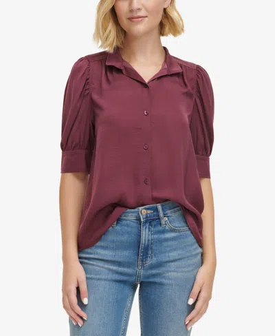 Calvin Klein Jeans Est.1978 Women's Stand-collar Charmeuse Puff-sleeve Shirt In Garnet