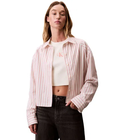 Calvin Klein Jeans Est.1978 Women's Stripe Boxy Cotton Crop Shirt In Gray