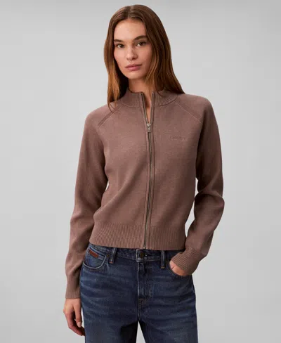 Calvin Klein Jeans Est.1978 Women's Technical Long Sleeve Mock Neck Cardigan Sweater In Brown