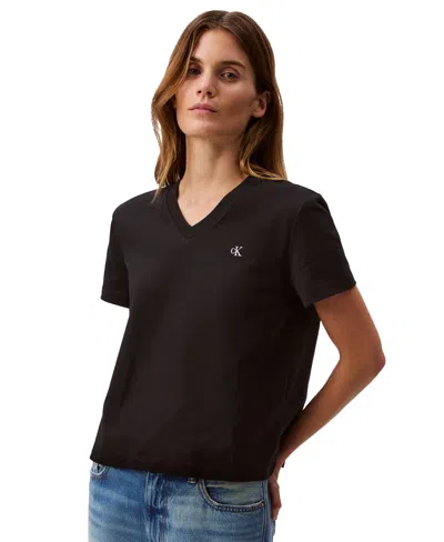 Calvin Klein Jeans Est.1978 Women's V-neck Embroidered Logo T-shirt In Black