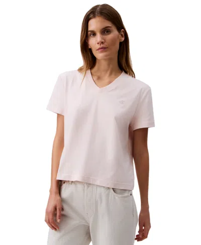 Calvin Klein Jeans Est.1978 Women's V-neck Embroidered Logo T-shirt In Silver Peony