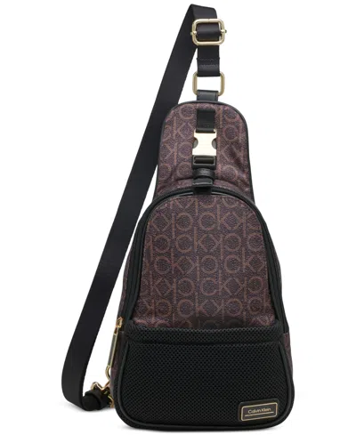 Calvin Klein Jessie Nylon Front Buckle Sling With Mesh Pocket In Brown Khk