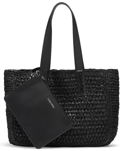Calvin Klein Joan Extra-large Raffia Tote Bag In Black