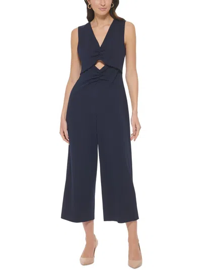 Calvin Klein Juniors Womens Ruched V Neck Jumpsuit In Blue