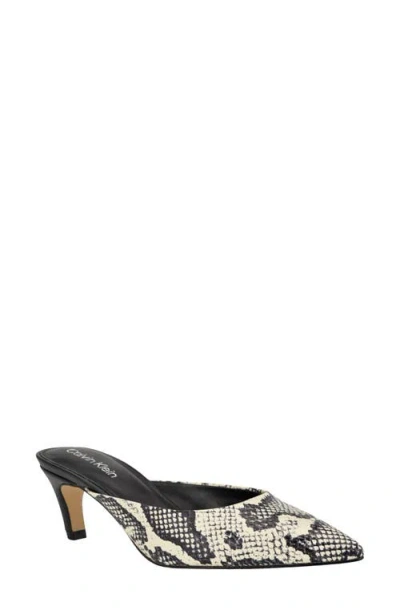 Calvin Klein Kalyn Pointed Toe Kitten Heel Mule In White,black Snake