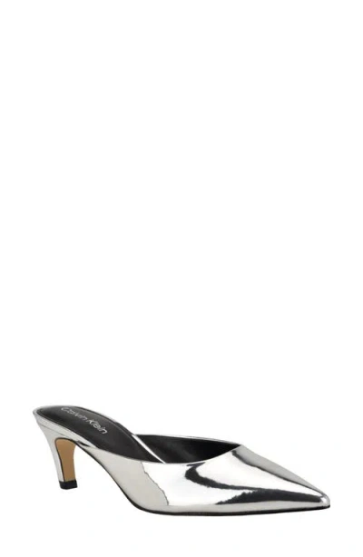 Calvin Klein Kalyn Pointed Toe Kitten Heel Mule In Silver