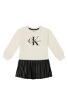 Calvin Klein Toddler And Little Girls Fleece Crewneck-and-artificial Leather Pleated Skirt Dress In Antique White/deep Black