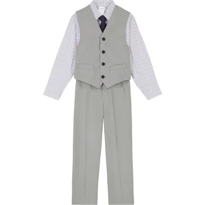 Calvin Klein Kids' Grid Button-up Shirt, Vest, Tie & Pants Set In 051 Moon Grey