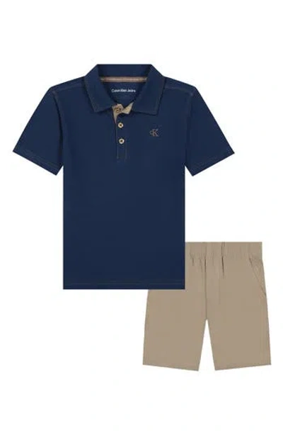 Calvin Klein Kids' Knit Polo & Woven Shorts Set In Navy