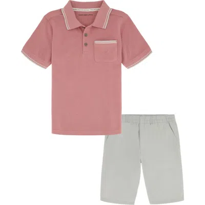 Calvin Klein Kids' Knit Polo Shirt & Pull-on Shorts Set In Red/khaki