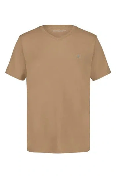 Calvin Klein Kids' Monogram Logo Cotton V-neck T-shirt In Brown