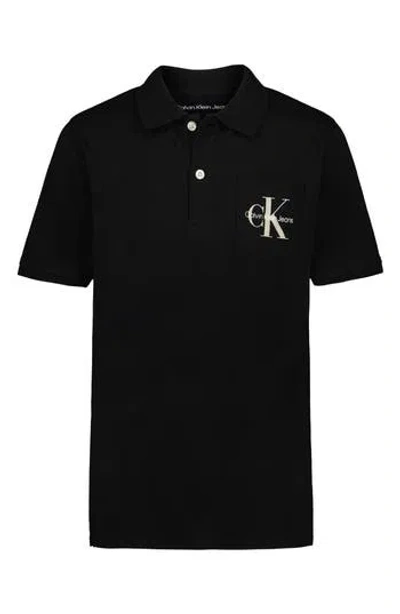Calvin Klein Kids' Monogram Pocket Cotton Polo In Black