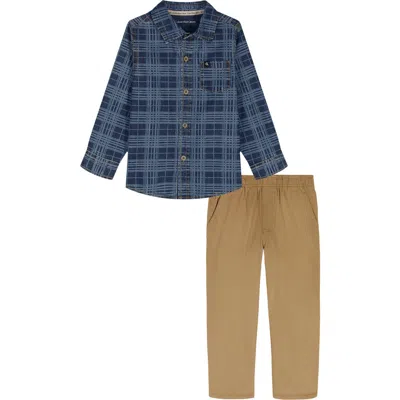 Calvin Klein Kids' Plaid Button-up Shirt & Pants Set In Blue