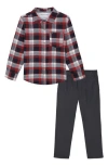 Calvin Klein Little Boys Long Short Sleeve Plaid Button-front Shirt Prewashed Twill Pants 2-piece Set In Wolf Grey