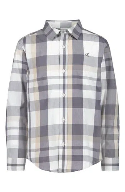 Calvin Klein Kids' Plaid Long Sleeve Button-up Shirt In Gray