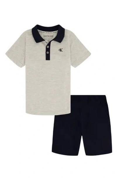 Calvin Klein Kids' Polo & Pull-on Shorts Set In White Heather/dark Denim
