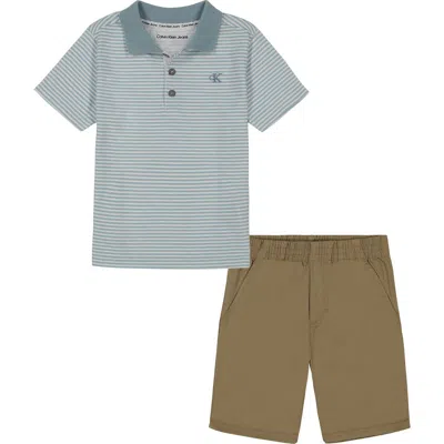 Calvin Klein Kids' Polo & Shorts Set In Blue/tan