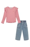 Calvin Klein Toddler Girl Long Sleeve Flutter-trim Ribbed Top And Denim Paper-bag Waist Pants In Rose Elegance/md Light Wash