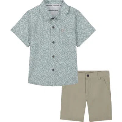 Calvin Klein Kids' Toddler And Little Boys Printed Poplin Short Sleeve Shirt And Twill Shorts, 2-piece Set In Blue Surf,bright White,nautical Stone