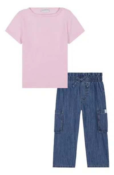 Calvin Klein Kids' Toddler And Little Girls 2-piece Ribbed Square Neck T-shirt Wide Leg Denim Pant Set In Pink,denim