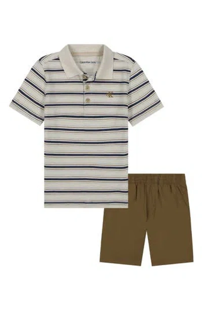 Calvin Klein Kids' Stripe Polo & Shorts Set In Brown
