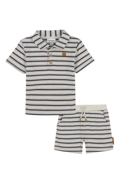 Calvin Klein Kids' Stripe Polo & Shorts Set In Ivory