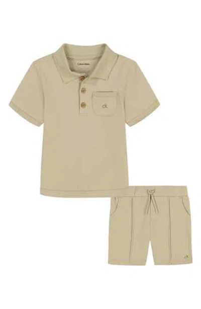 Calvin Klein Kids' Stripe Polo & Shorts Set In Khaki