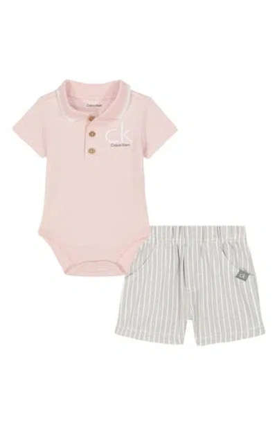 Calvin Klein Babies'  Knit Polo Bodysuit & Stripe Shorts Set In Pink Multi