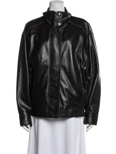 Pre-owned Calvin Klein Lamb Leather Bomber Jacket In Black