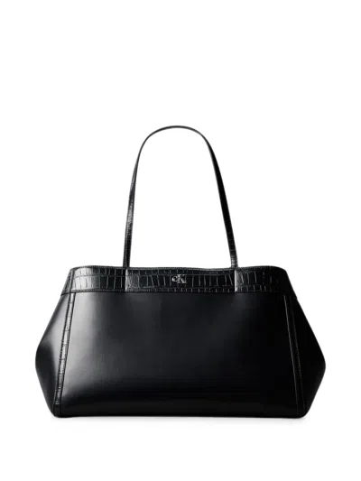 Calvin Klein Large Monogram Croc-effect Trim Tote Bag In Black