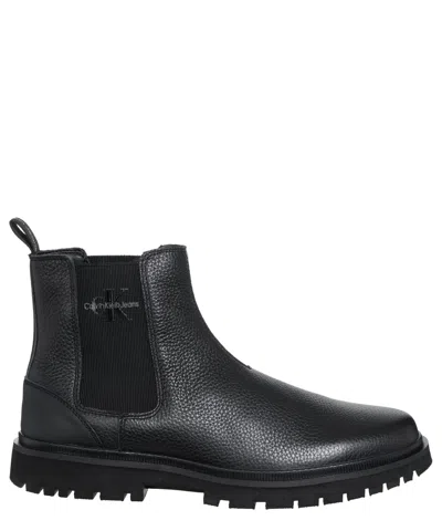 Calvin Klein Leather Ankle Boots In Triple Black