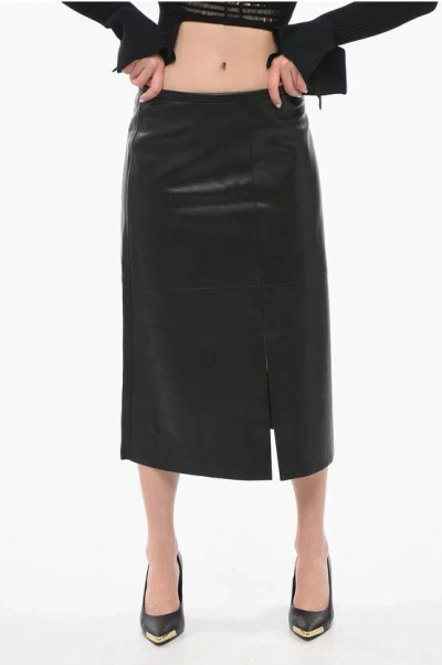 Calvin Klein Leather Pencil Skirt With Double Slit In Black