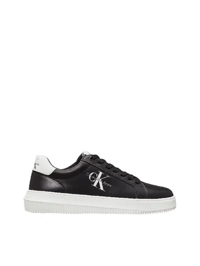 Calvin Klein Leather Sneakers With Iconic Logo Details In Black