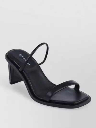Calvin Klein Leather Stiletto Sandals Block Heel Square Toe In Black