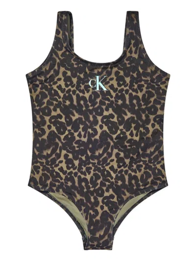 Calvin Klein Kids' Leopard-print Swimsuit In Brown